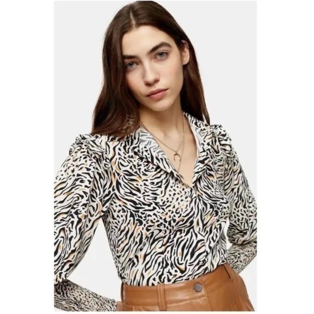 Topshop NWT Frill Shoulder Animal Print Shirred Top Black Multi 10